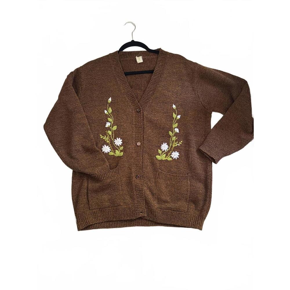 Vintage Brown Floral Embroidered Cardigan Sweater